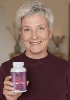 Woman holding Presgera supplement bottle review