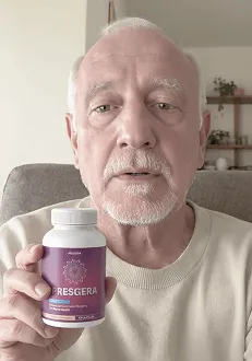 Man holding Presgera supplement bottle giving a review